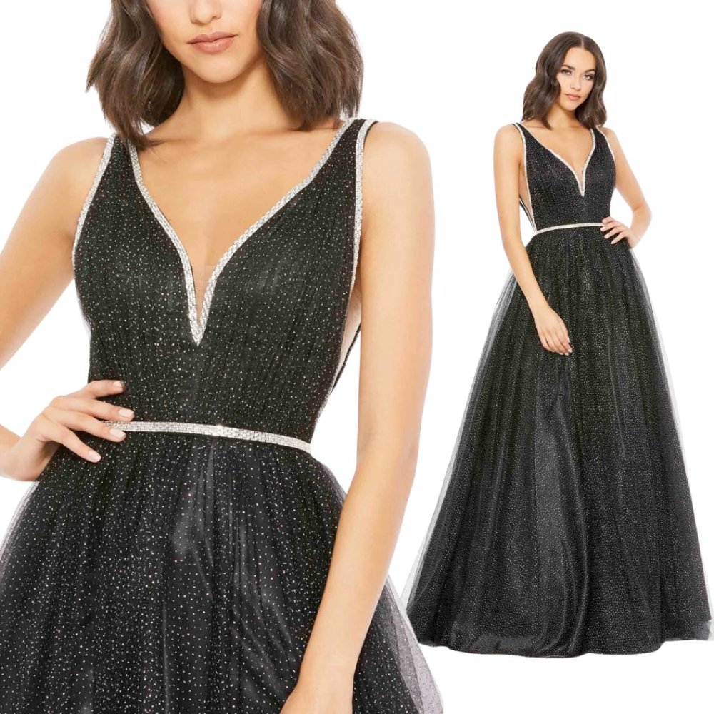 Mac Duggal 30727 Size 4 Black‎ Silver Rhinestone Jeweled Tulle Ball Gown Dress